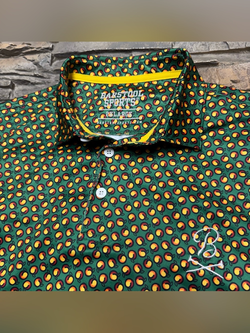 Barstool Sports Golf Polo Shirt Mens 2XL XXL Green Peaches AOP Print Stretch
